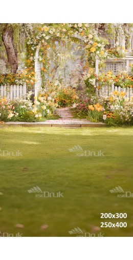 Tło fotograficzne „Wiosenny ogród z żółtymi kwiatami i bramą” | E674